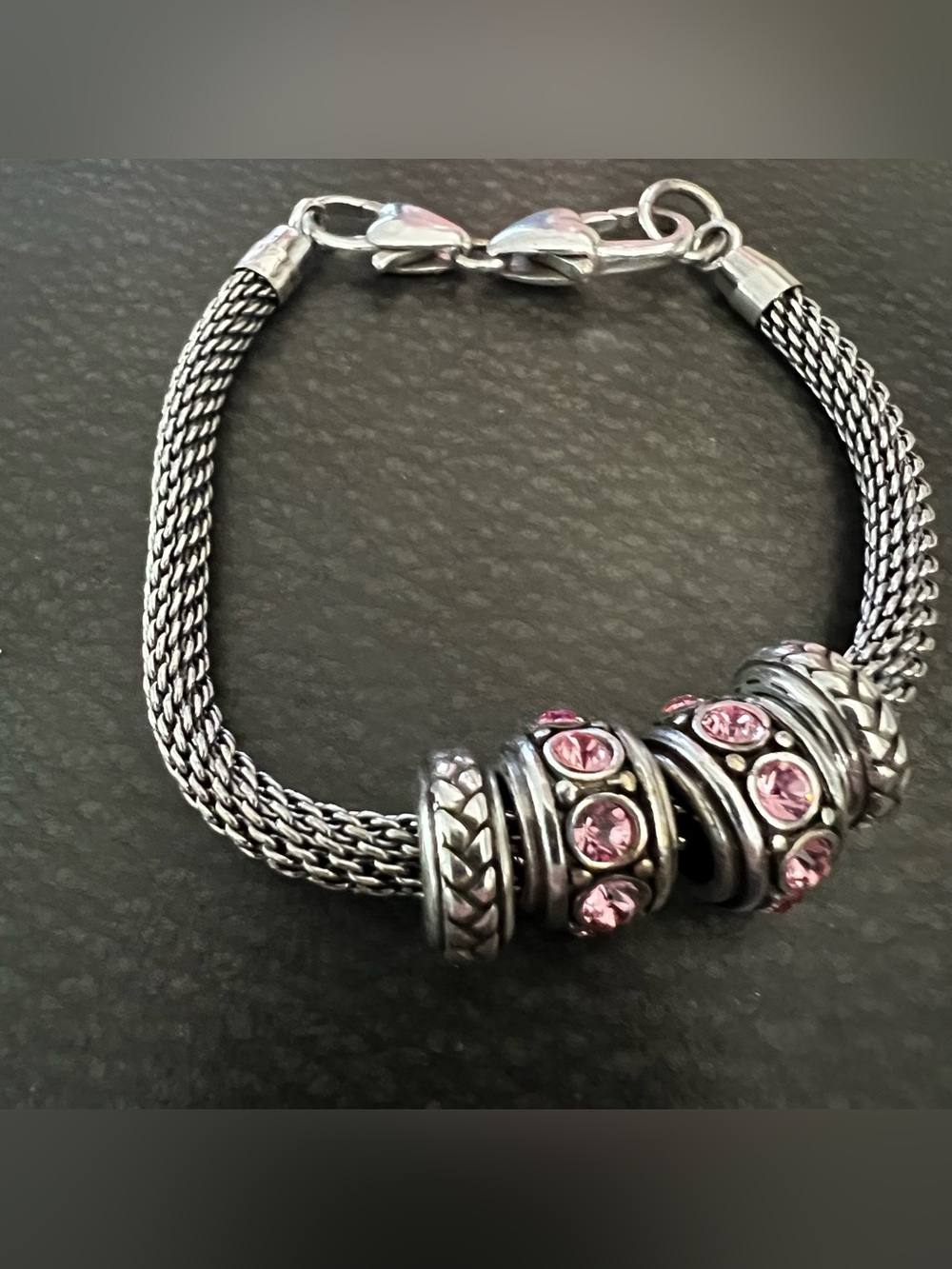 Silvertone Mesh Bracelet with Pink Crystal Spacer Beads